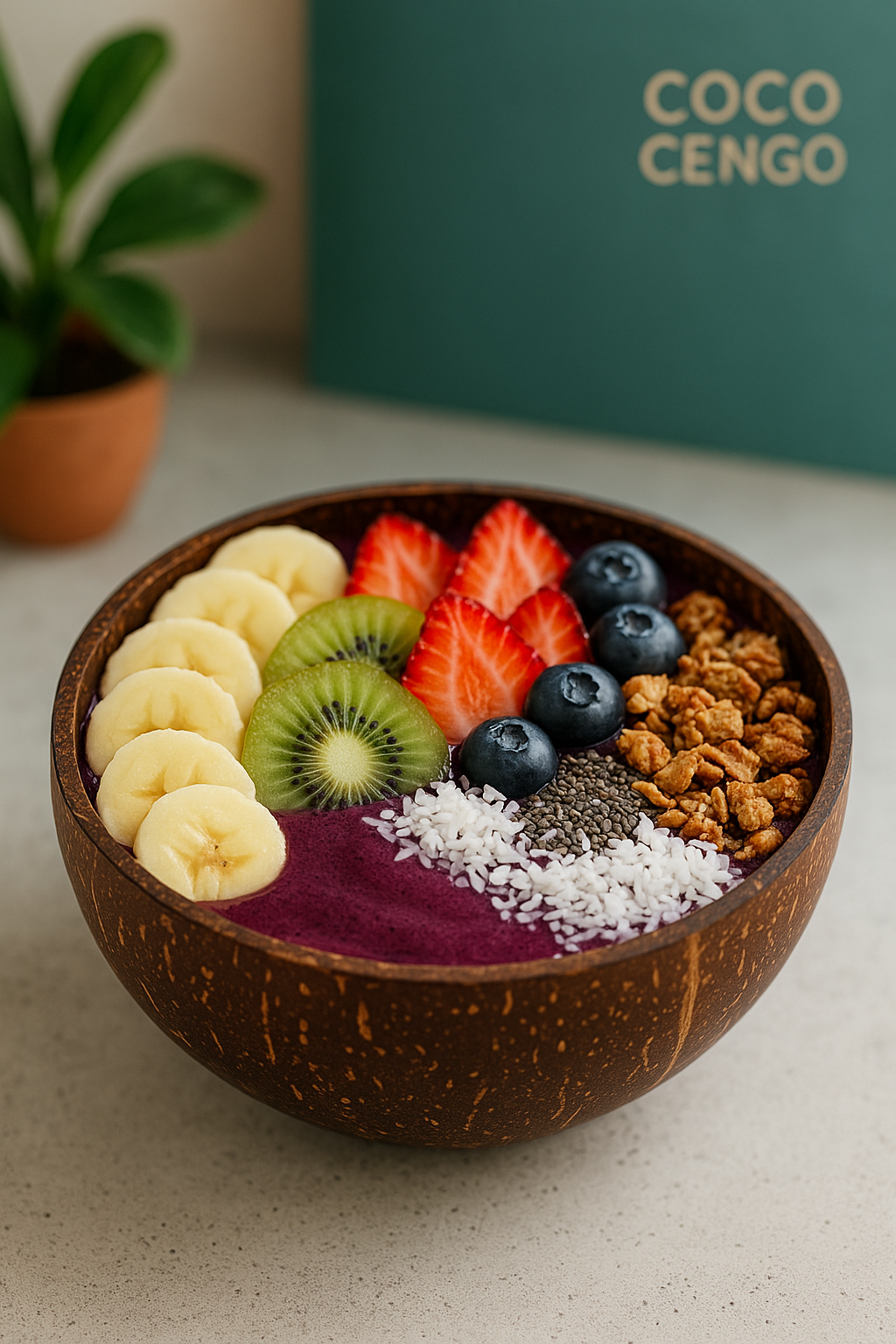 Acai Bowl in einer schönen Kokosnuss Schale mit Obst